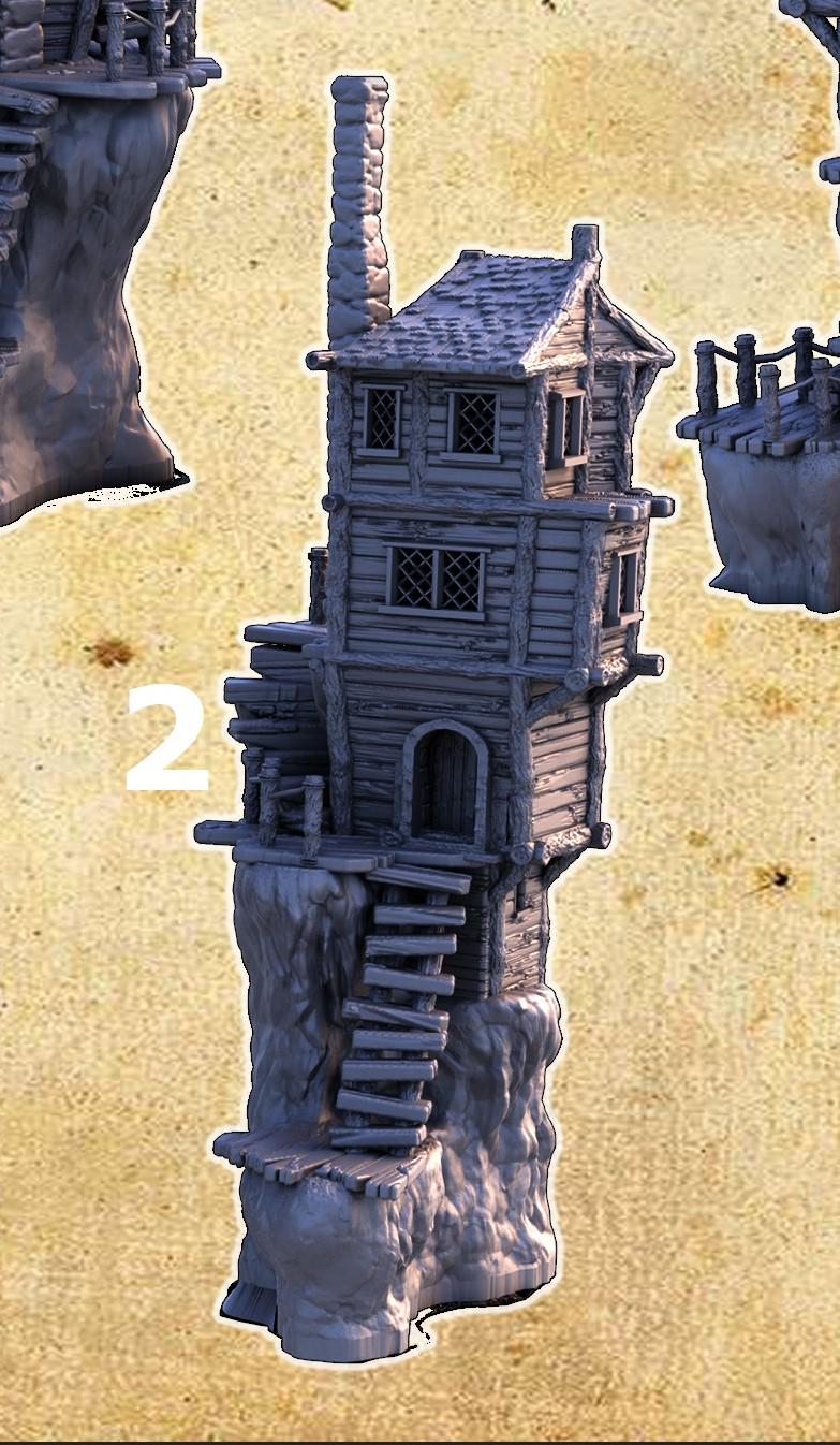 A collection of eight individual cliffside slum houses, each featuring five levels with distinctive, weathered wood architecture and perched precariously on rugged cliffs, suitable for fantasy and historical tabletop games.