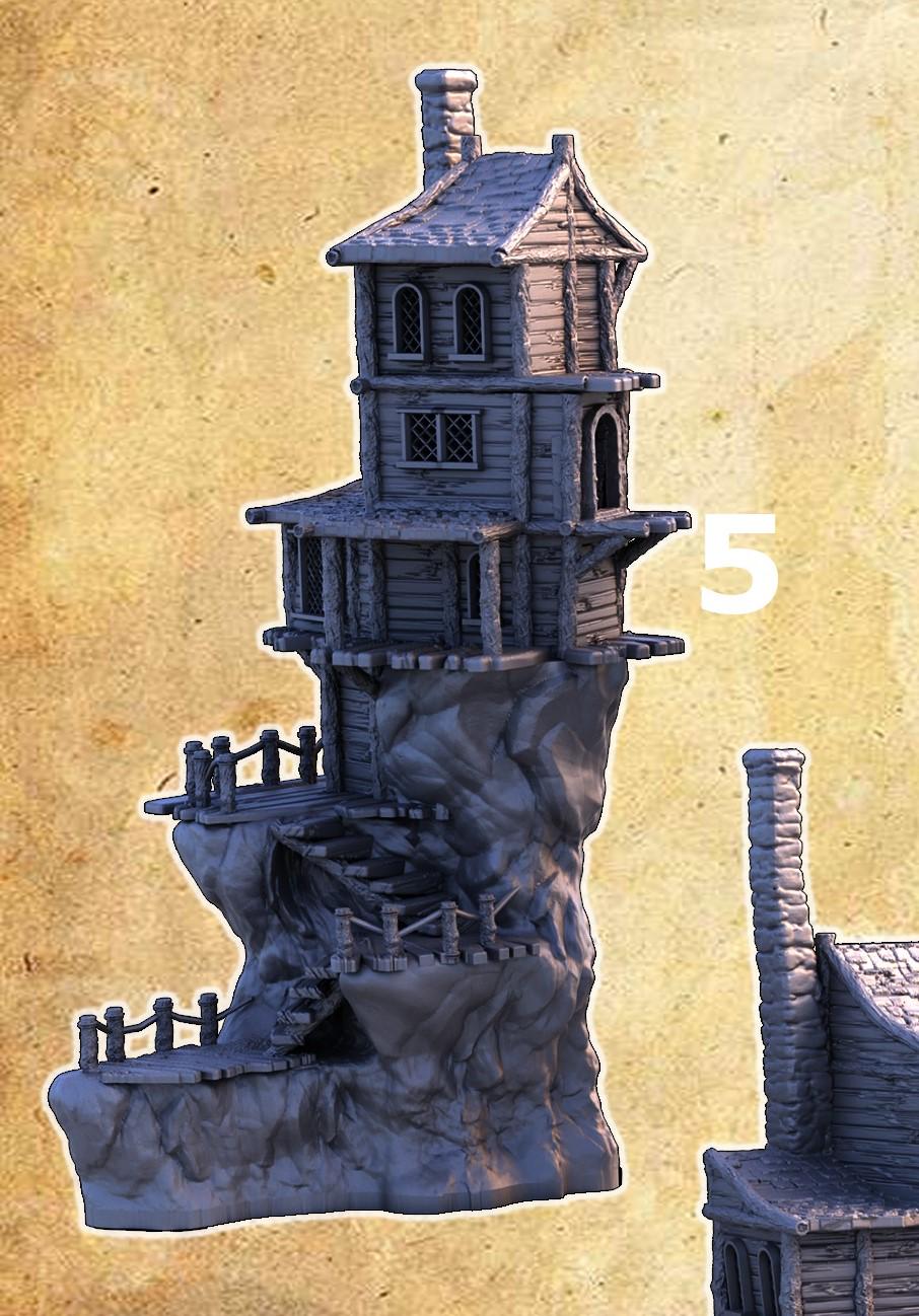 A collection of eight individual cliffside slum houses, each featuring five levels with distinctive, weathered wood architecture and perched precariously on rugged cliffs, suitable for fantasy and historical tabletop games.