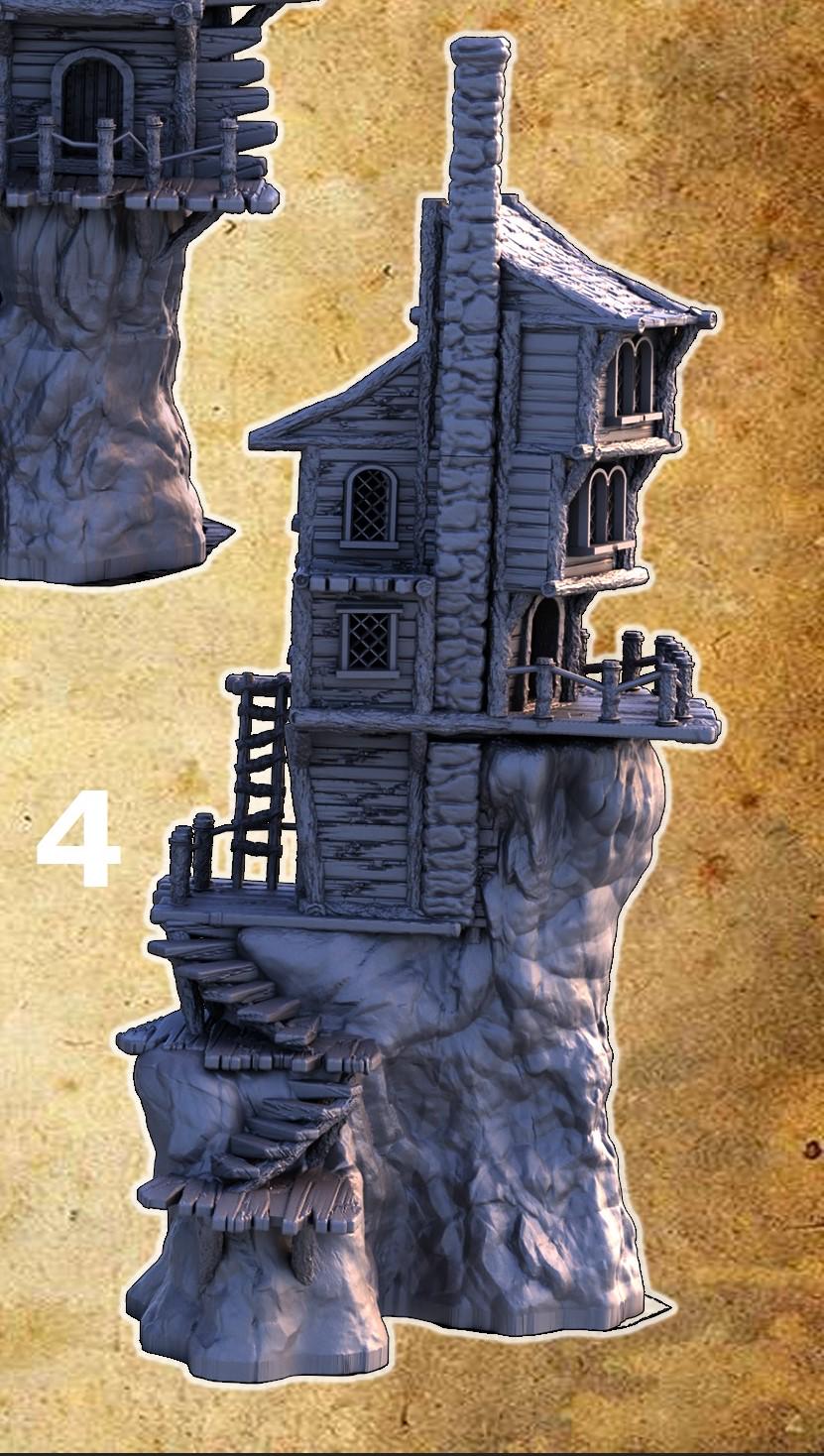 A collection of eight individual cliffside slum houses, each featuring five levels with distinctive, weathered wood architecture and perched precariously on rugged cliffs, suitable for fantasy and historical tabletop games.