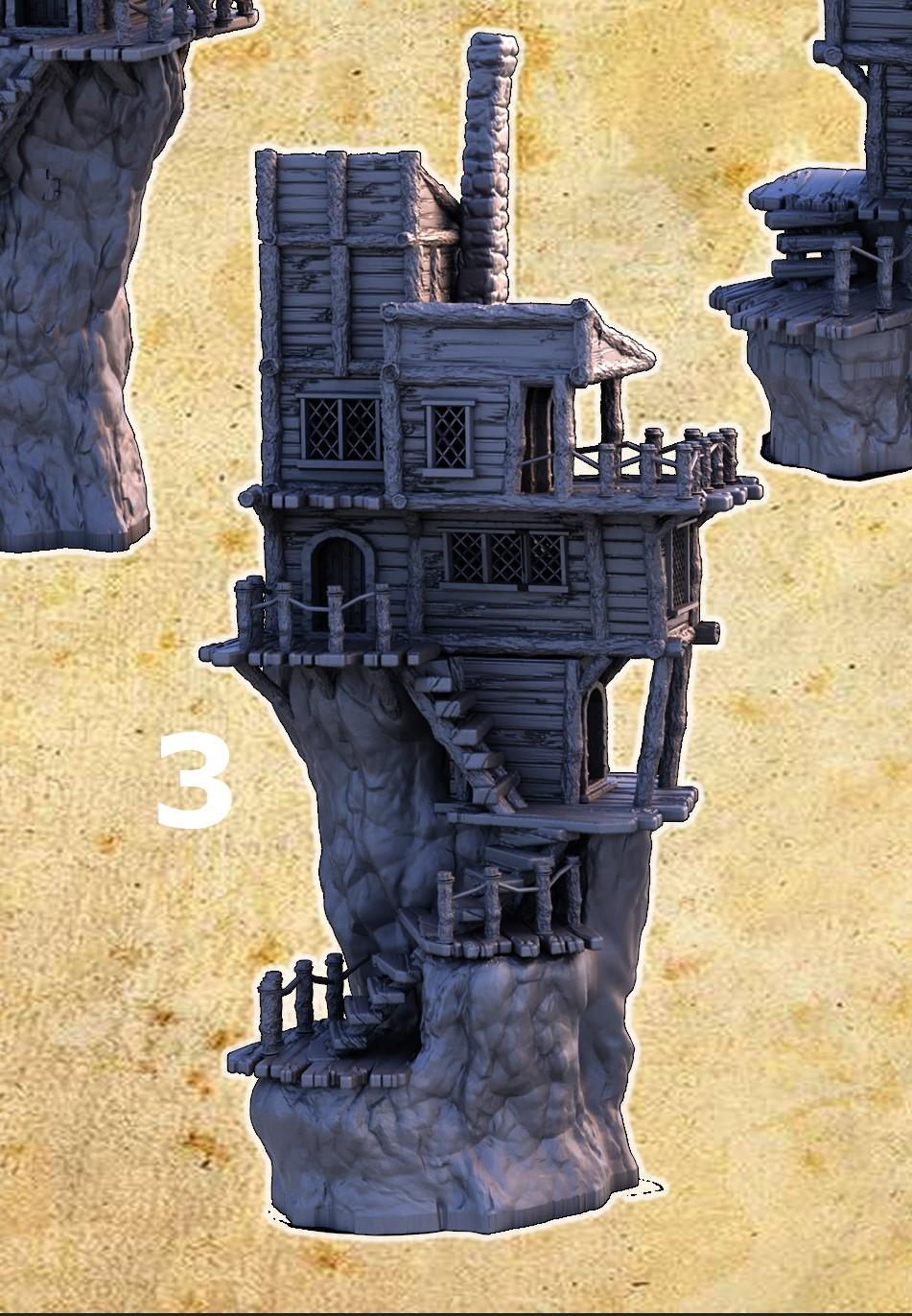 A collection of eight individual cliffside slum houses, each featuring five levels with distinctive, weathered wood architecture and perched precariously on rugged cliffs, suitable for fantasy and historical tabletop games.