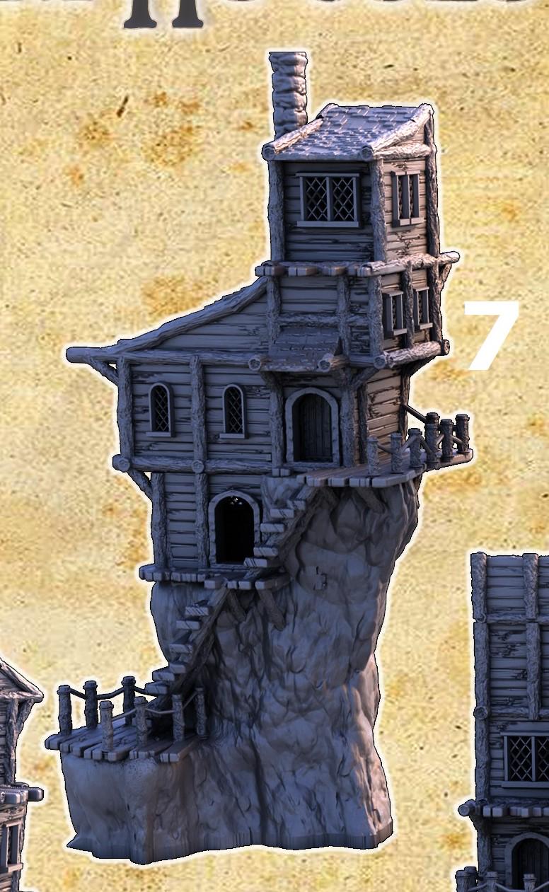 A collection of eight individual cliffside slum houses, each featuring five levels with distinctive, weathered wood architecture and perched precariously on rugged cliffs, suitable for fantasy and historical tabletop games.