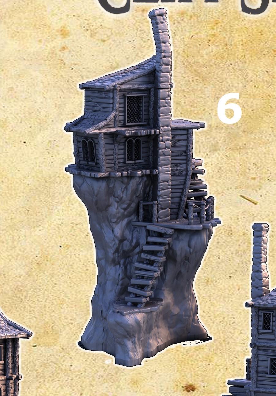 A collection of eight individual cliffside slum houses, each featuring five levels with distinctive, weathered wood architecture and perched precariously on rugged cliffs, suitable for fantasy and historical tabletop games.