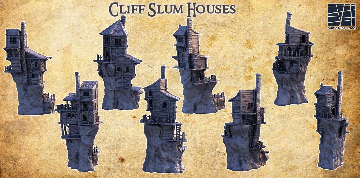 A collection of eight individual cliffside slum houses, each featuring five levels with distinctive, weathered wood architecture and perched precariously on rugged cliffs, suitable for fantasy and historical tabletop games.