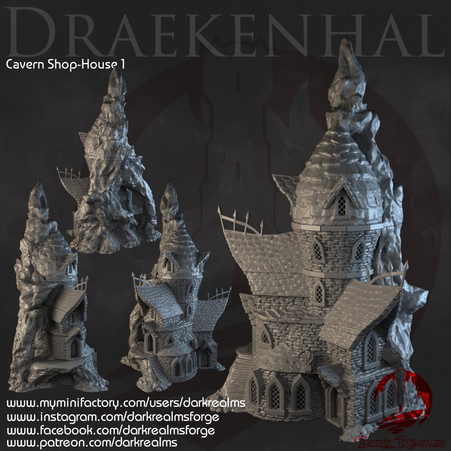 Draekenhall Cavern Shop-House 1: A towering, multi-story shop-house integrated with a craggy rock base, featuring gothic windows and steep roofs, perfect for adding a mystical and eerie atmosphere to your tabletop games.