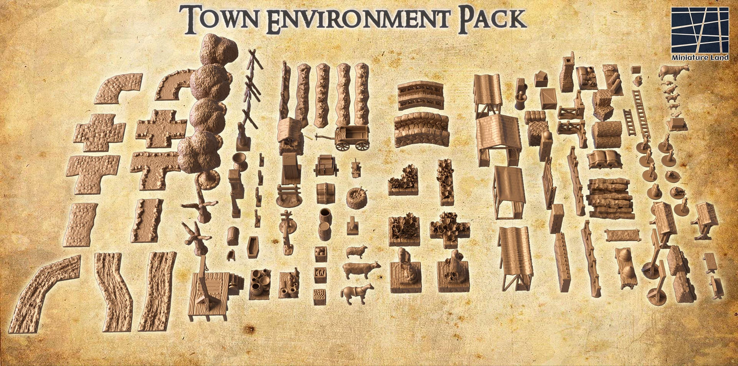 The Town Environment Pack includes a variety of medieval-themed miniatures such as market stalls, wells, outhouses, livestock, and more. Each piece is intricately detailed, bringing a realistic and immersive experience to your tabletop games.