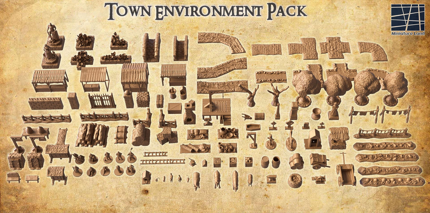 The Town Environment Pack includes a variety of medieval-themed miniatures such as market stalls, wells, outhouses, livestock, and more. Each piece is intricately detailed, bringing a realistic and immersive experience to your tabletop games.