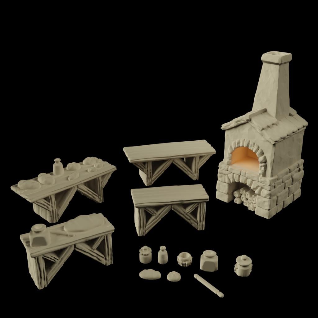 The Fersia Bakery is a detailed medieval bakery model featuring a timber-framed structure, shingled roof, lattice windows, and a cozy interior with multiple floors, including baking tables and a fireplace. Ideal for D&D and other tabletop games.