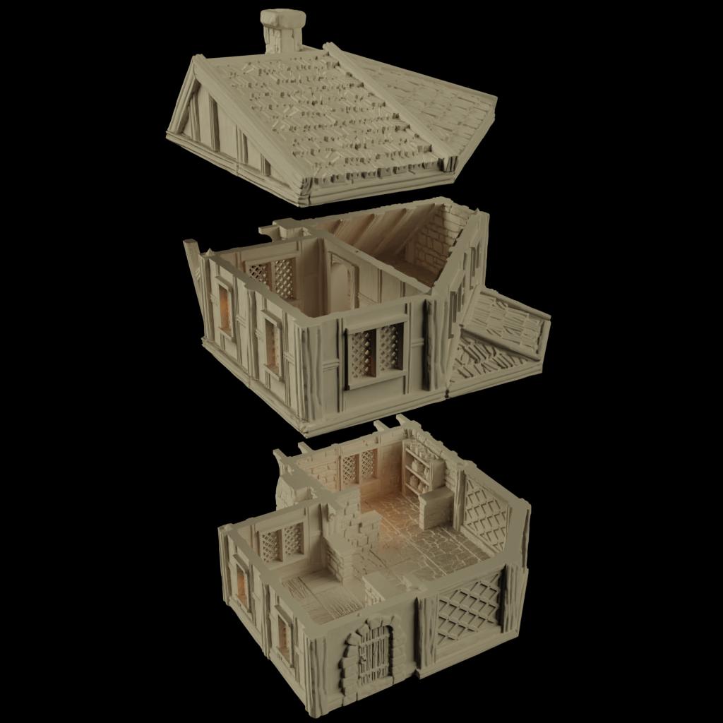 The Fersia Bakery is a detailed medieval bakery model featuring a timber-framed structure, shingled roof, lattice windows, and a cozy interior with multiple floors, including baking tables and a fireplace. Ideal for D&D and other tabletop games.