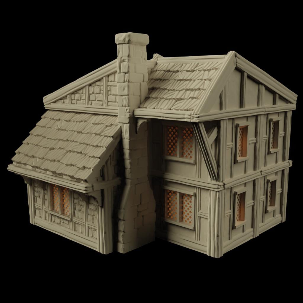 The Fersia Bakery is a detailed medieval bakery model featuring a timber-framed structure, shingled roof, lattice windows, and a cozy interior with multiple floors, including baking tables and a fireplace. Ideal for D&D and other tabletop games.