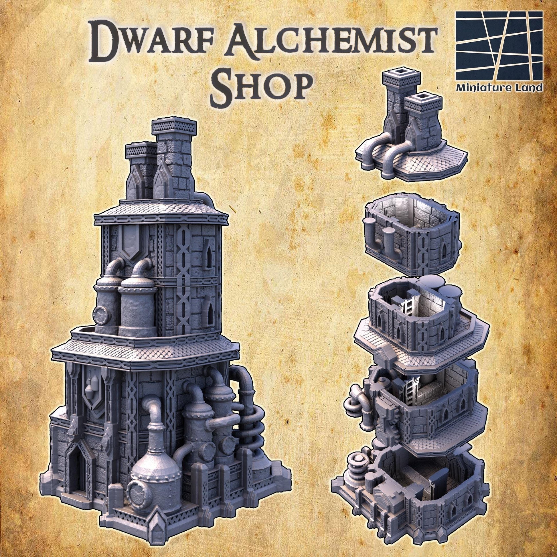 The Dwarf Alchemist Shop is a multi-level industrial building with gothic architecture, featuring detailed alchemical equipment, large vats, and intricate piping. The structure&#39;s stonework and metal accents create an authentic fantasy setting.