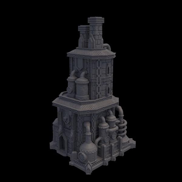 The Dwarf Alchemist Shop is a multi-level industrial building with gothic architecture, featuring detailed alchemical equipment, large vats, and intricate piping. The structure&#39;s stonework and metal accents create an authentic fantasy setting.