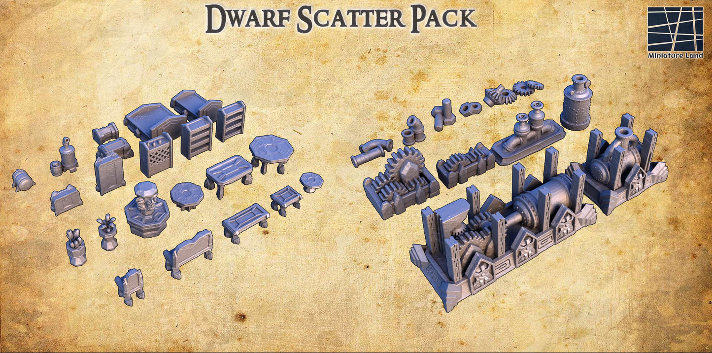 The Dwarf Scatter Pack includes a variety of finely detailed props such as barrels, gears, workbenches, and alchemical setups, perfect for enhancing your tabletop gaming experience with a dwarven aesthetic.