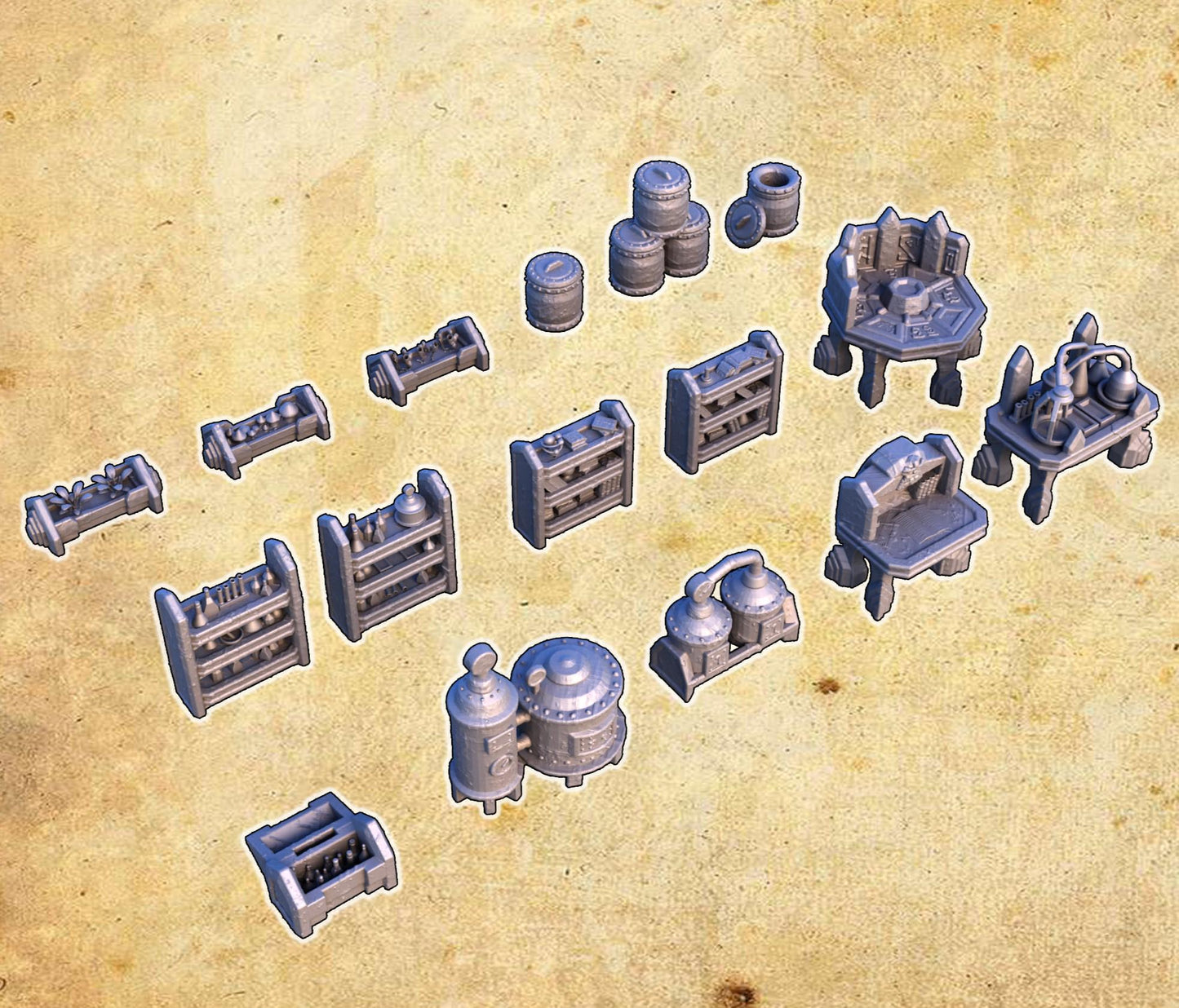 The Dwarf Scatter Pack includes a variety of finely detailed props such as barrels, gears, workbenches, and alchemical setups, perfect for enhancing your tabletop gaming experience with a dwarven aesthetic.