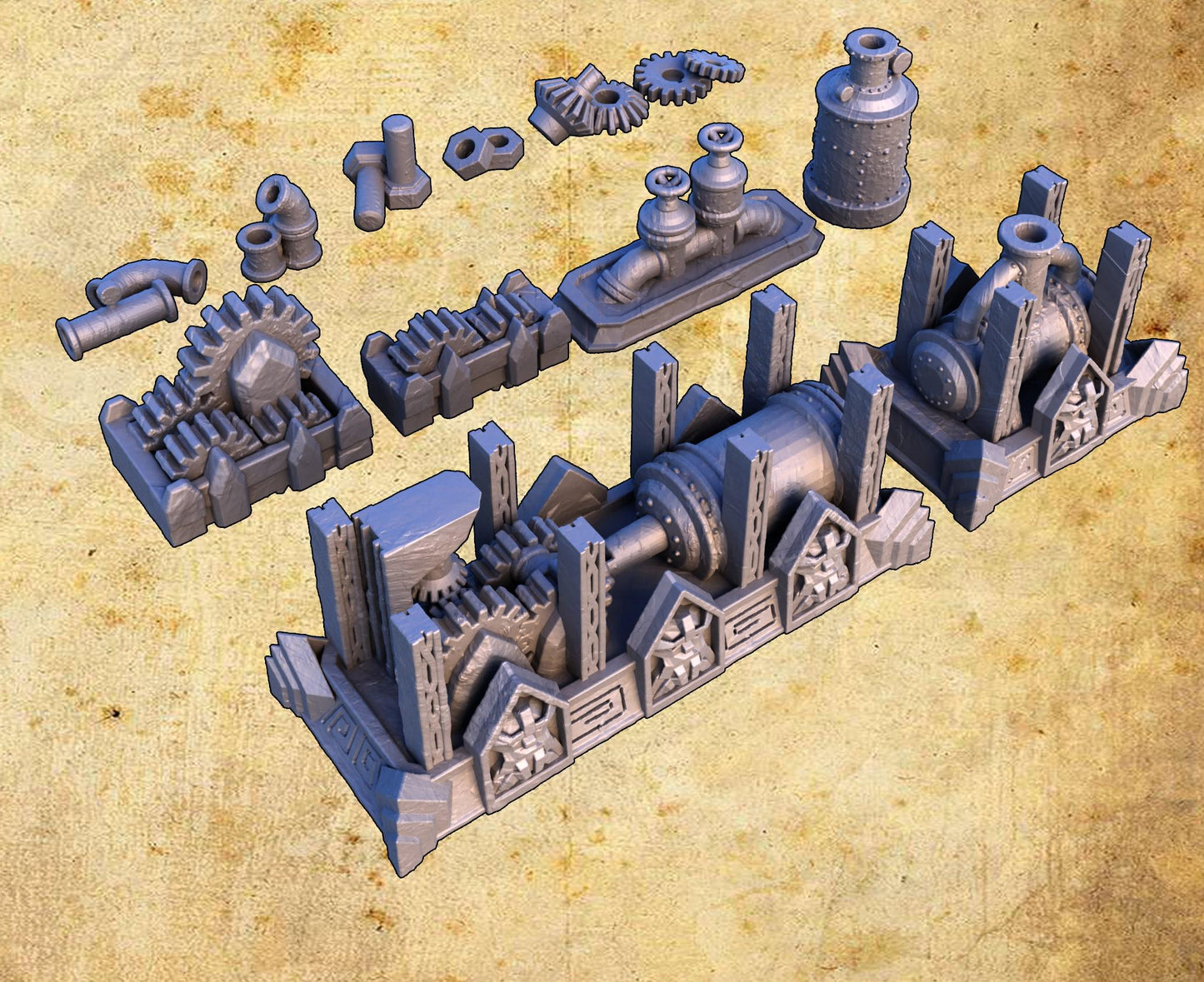 The Dwarf Scatter Pack includes a variety of finely detailed props such as barrels, gears, workbenches, and alchemical setups, perfect for enhancing your tabletop gaming experience with a dwarven aesthetic.