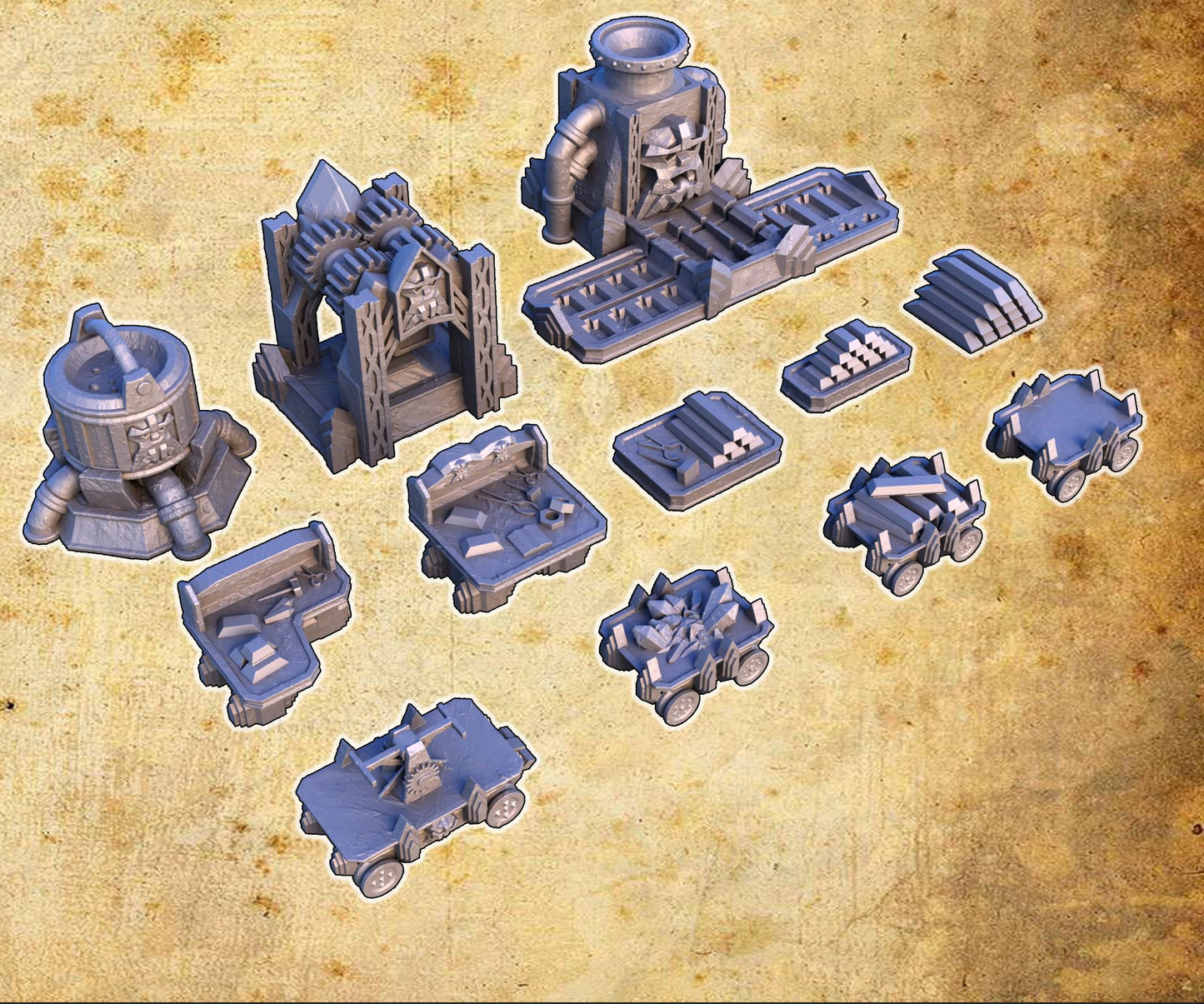 The Dwarf Scatter Pack includes a variety of finely detailed props such as barrels, gears, workbenches, and alchemical setups, perfect for enhancing your tabletop gaming experience with a dwarven aesthetic.