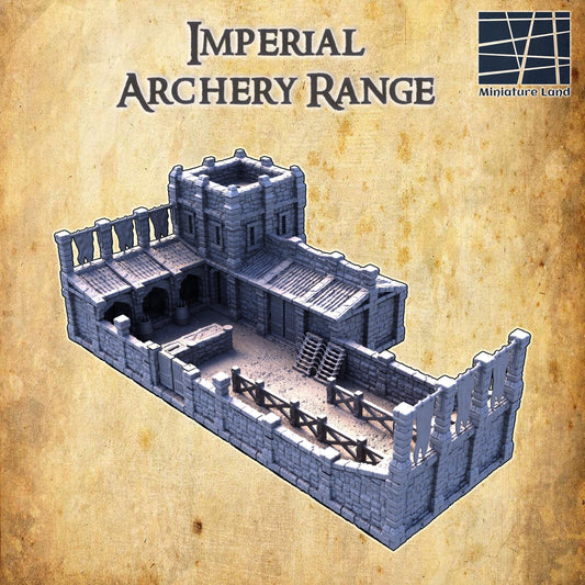 The Imperial Archery Range features detailed stonework with fortified walls, watchtowers, and an inner training area complete with targets and equipment storage. Perfect for medieval military scenarios in tabletop games.