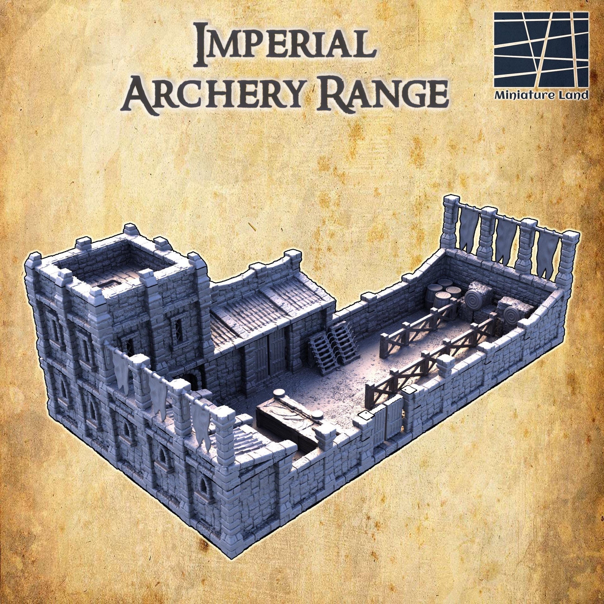 The Imperial Archery Range features detailed stonework with fortified walls, watchtowers, and an inner training area complete with targets and equipment storage. Perfect for medieval military scenarios in tabletop games.