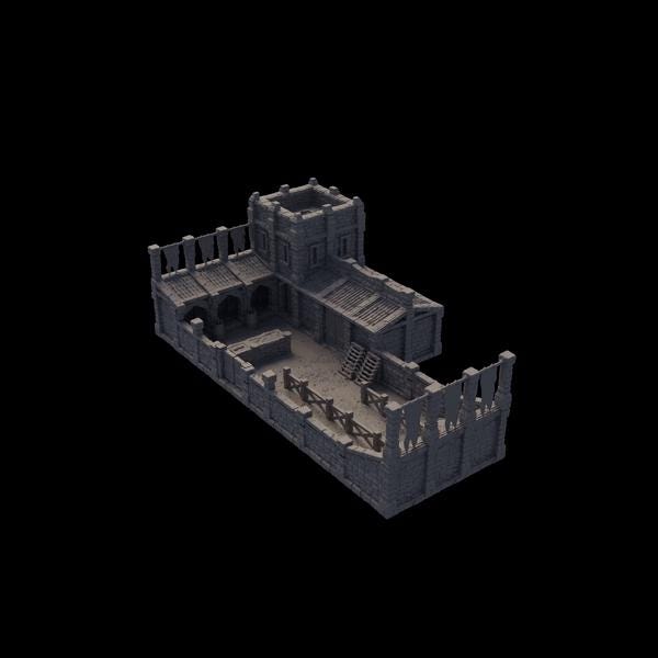 The Imperial Archery Range features detailed stonework with fortified walls, watchtowers, and an inner training area complete with targets and equipment storage. Perfect for medieval military scenarios in tabletop games.