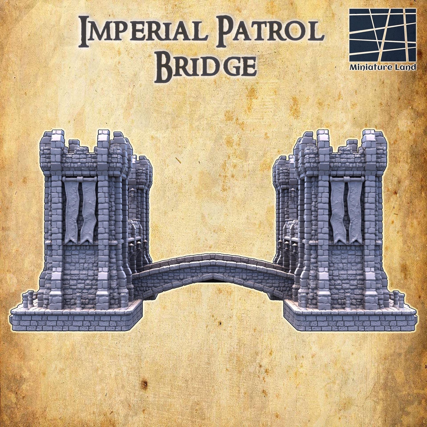 The Imperial Patrol Bridge features a robust stone structure with four corner towers, battlements, and an arched pathway. This medieval-style bridge is perfect for historical and fantasy tabletop games,