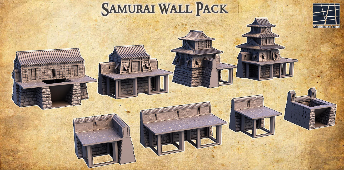 This Samurai Wall Pack features traditional Edo period fortifications with detailed stone and wooden textures, including towers and walls, ideal for historical and fantasy tabletop games. The set includes multiple structures with accessible interiors