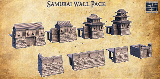 This Samurai Wall Pack features traditional Edo period fortifications with detailed stone and wooden textures, including towers and walls, ideal for historical and fantasy tabletop games. The set includes multiple structures with accessible interiors