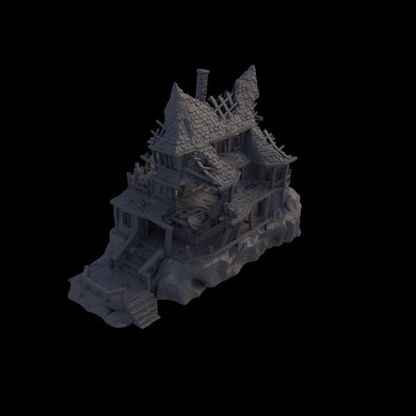 Small Ruined Manor showcases a gothic haunted house with intricate decay, featuring a sagging roof, broken windows, and weathered stone walls. Perfect for adding a spooky atmosphere to tabletop games, this model offers detailed interior & exterior