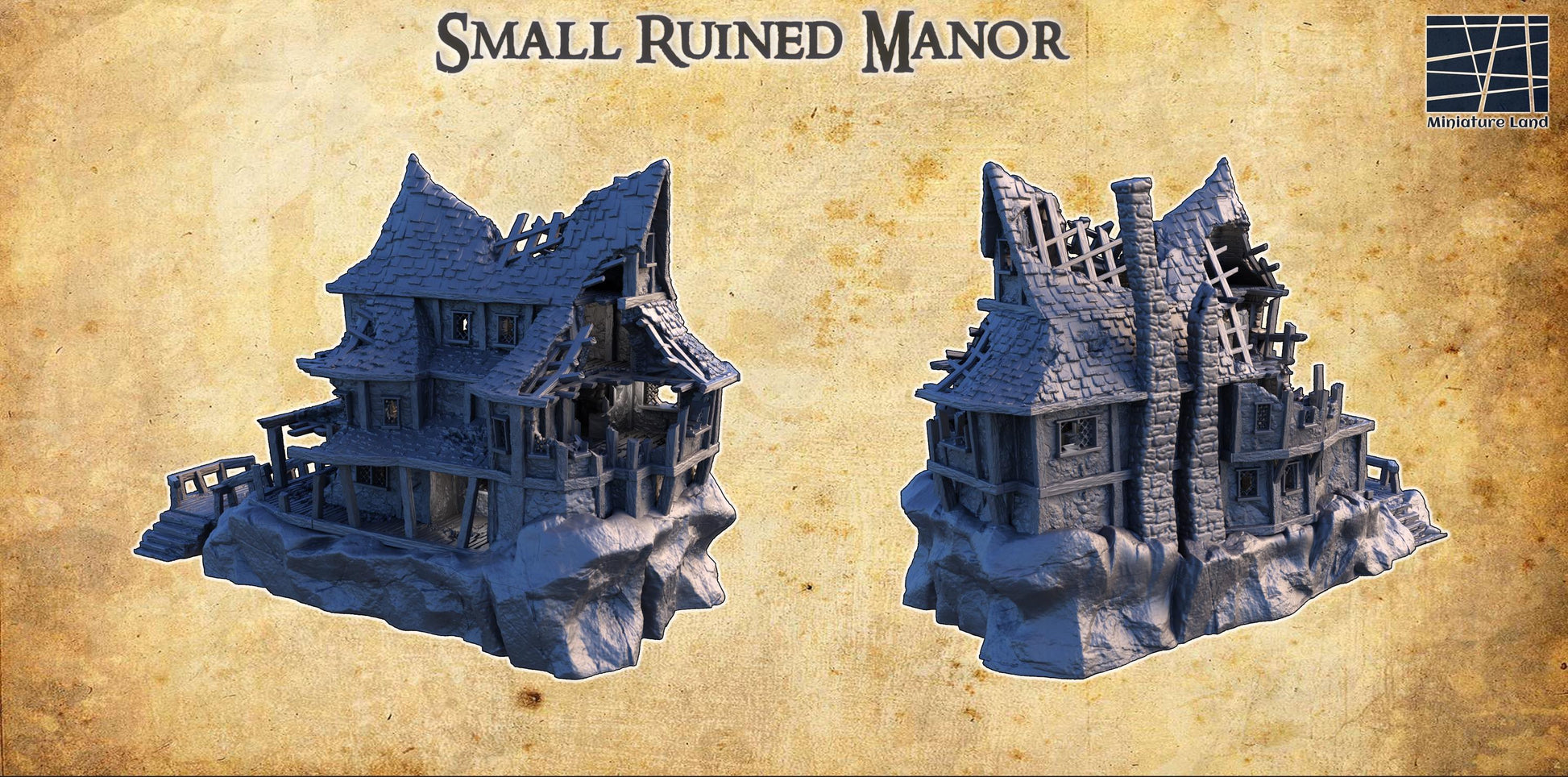 Small Ruined Manor showcases a gothic haunted house with intricate decay, featuring a sagging roof, broken windows, and weathered stone walls. Perfect for adding a spooky atmosphere to tabletop games, this model offers detailed interior & exterior