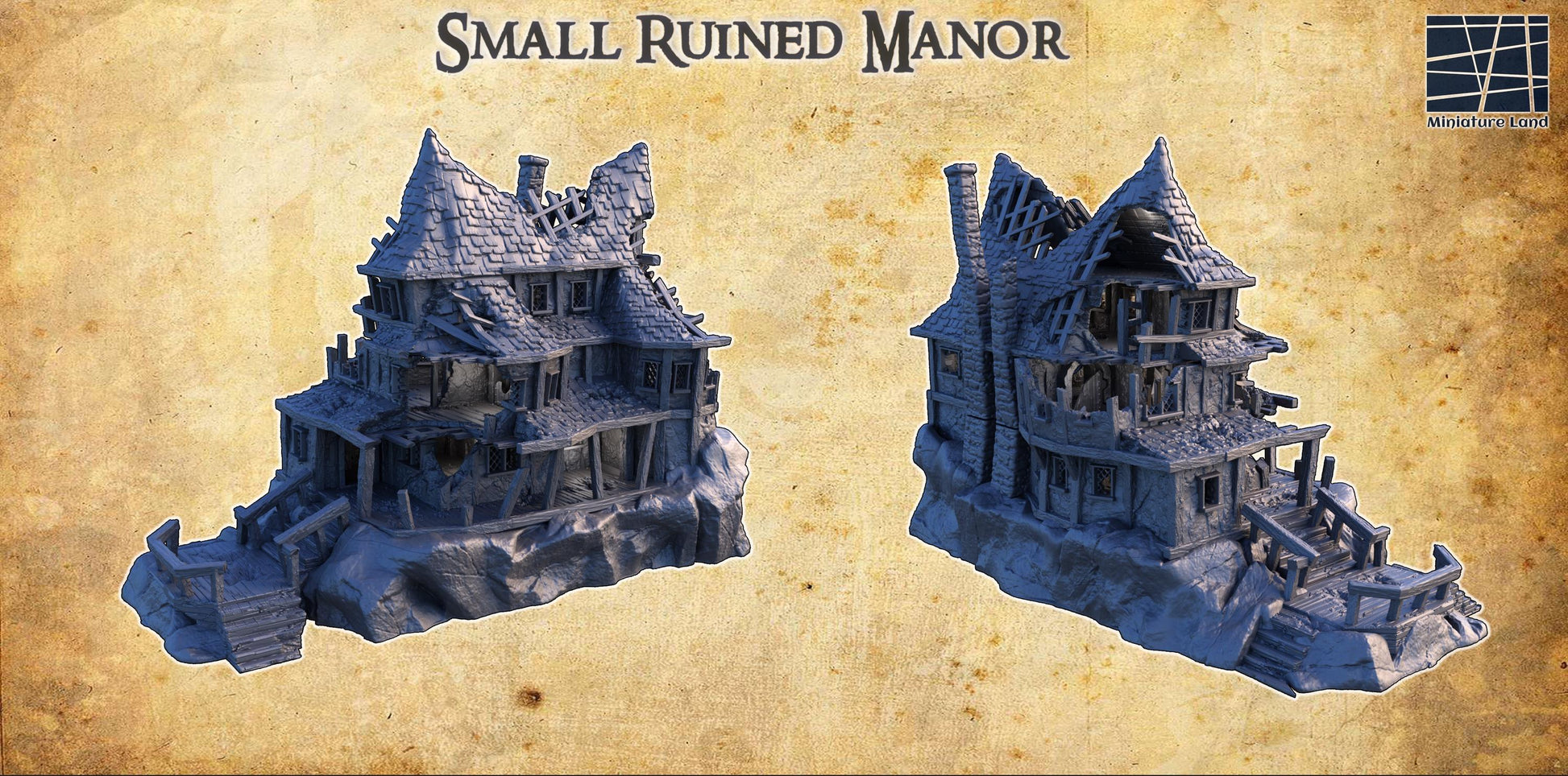 Small Ruined Manor showcases a gothic haunted house with intricate decay, featuring a sagging roof, broken windows, and weathered stone walls. Perfect for adding a spooky atmosphere to tabletop games, this model offers detailed interior & exterior