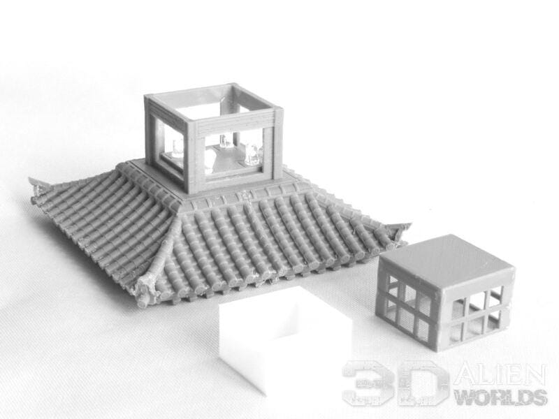 This 3D-printed Samurai Lighthouse model showcases detailed Japanese architecture with curved roofs, wooden beams, and a stone foundation. The model includes two playable levels, perfect for tabletop RPGs, wargames, or as a display piece.