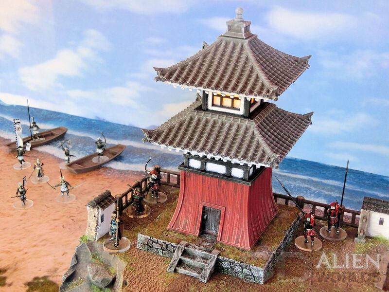 This 3D-printed Samurai Lighthouse model showcases detailed Japanese architecture with curved roofs, wooden beams, and a stone foundation. The model includes two playable levels, perfect for tabletop RPGs, wargames, or as a display piece.