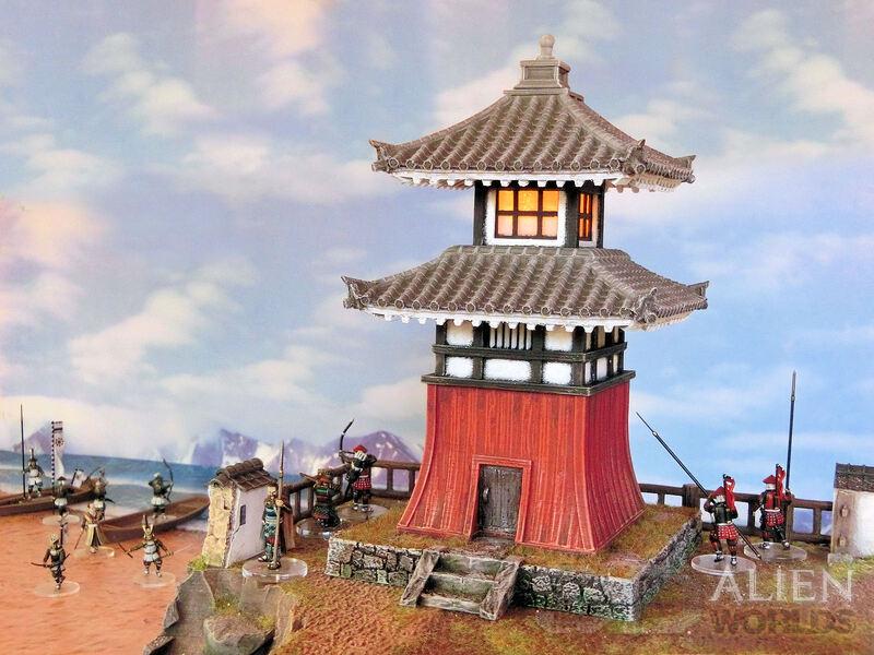 This 3D-printed Samurai Lighthouse model showcases detailed Japanese architecture with curved roofs, wooden beams, and a stone foundation. The model includes two playable levels, perfect for tabletop RPGs, wargames, or as a display piece.