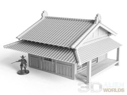 This 3D-printed Samurai Large Guest House features authentic Edo-period Japanese architecture with tiled roofs, sliding shoji doors, and multiple rooms, perfect for samurai-themed tabletop RPGs and wargames.