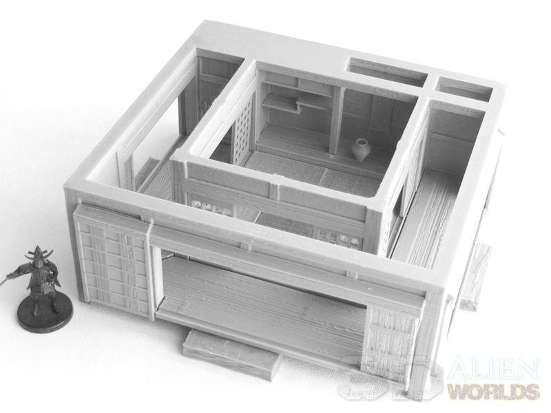 This 3D-printed Samurai Large Guest House features authentic Edo-period Japanese architecture with tiled roofs, sliding shoji doors, and multiple rooms, perfect for samurai-themed tabletop RPGs and wargames.