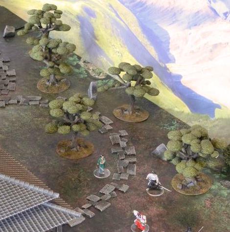 This 3D-printed Samurai Garden Set features authentic Edo-period Japanese garden elements including a tree, ornamental stones, and a stone pathway, perfect for samurai-themed tabletop RPGs and wargames