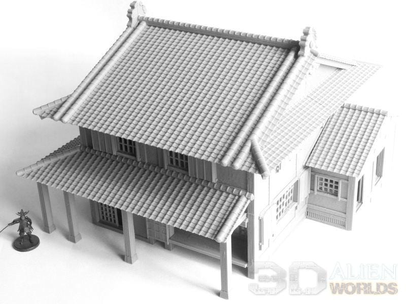 This 3D-printed Samurai Kitchen features authentic Edo-period Japanese architecture with a two-story design, tiled roofs, and multiple rooms, perfect for samurai-themed tabletop RPGs and wargames.