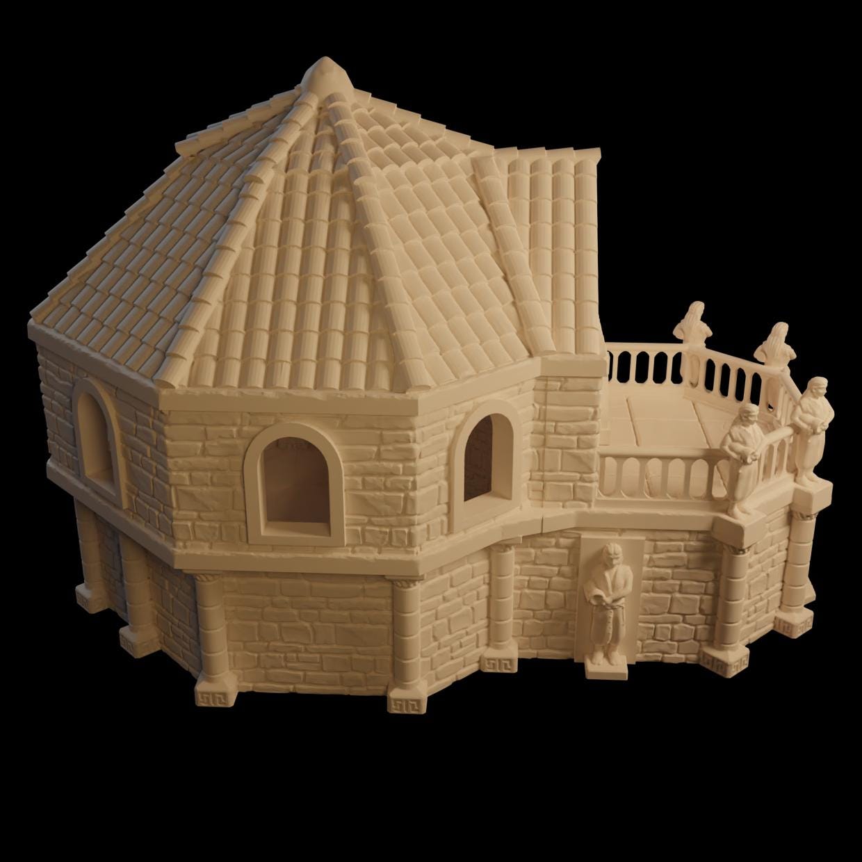 This 3D model depicts a Roman-inspired bath house complete with columns, statues, and multiple levels, ideal for detailed historical or fantasy gaming dioramas.