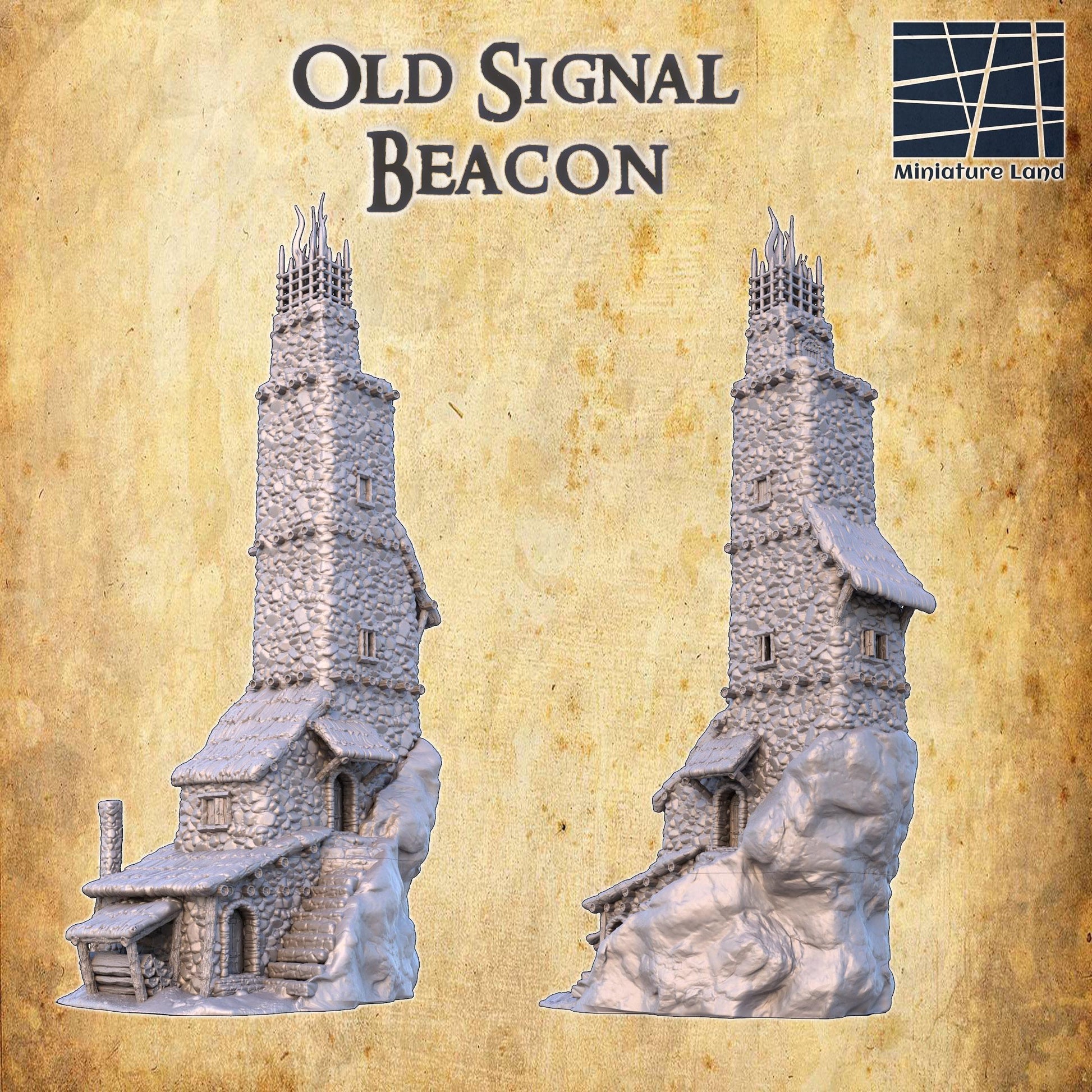 The Old Signal Beacon features detailed stonework, multiple levels accessible for gameplay, and a beacon top, ideal for medieval and fantasy settings.