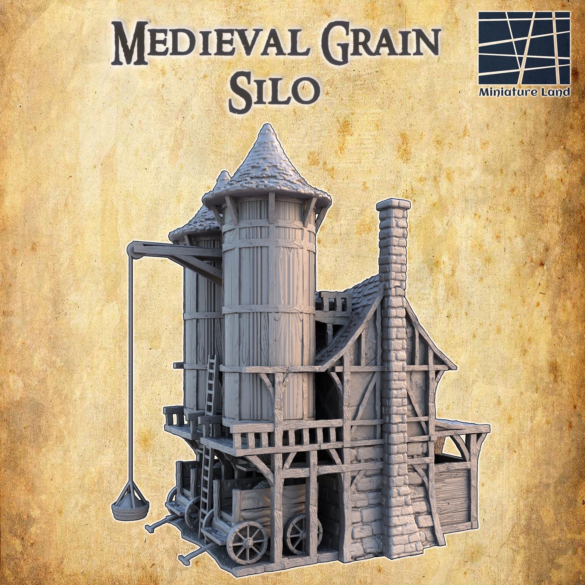 Detailed view of a medieval grain silo, featuring wood paneling, stone base, mechanical grain hoist, and multiple storage levels, perfect for historical and fantasy gaming scenarios.