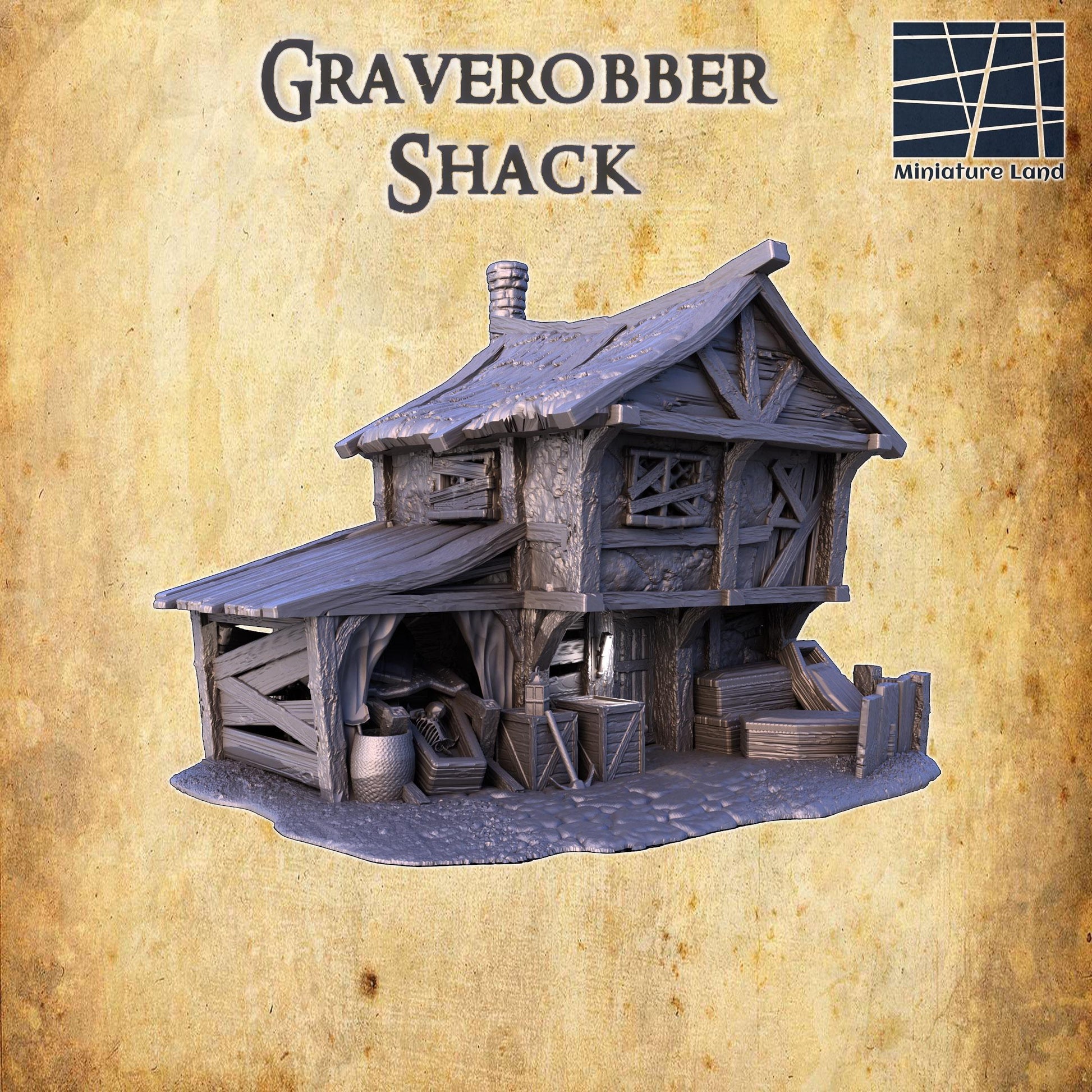 Explore the eerie depths of the Graverobber Shack, a meticulously crafted medieval workhouse perfect for adding a dark twist to your tabletop RPG adventures.