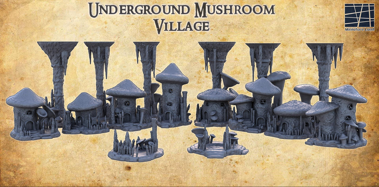 Explore a miniature world with the Underground Mushroom Village, featuring various mushroom houses and organic structures, perfect for fantasy RPGs and magical dioramas.