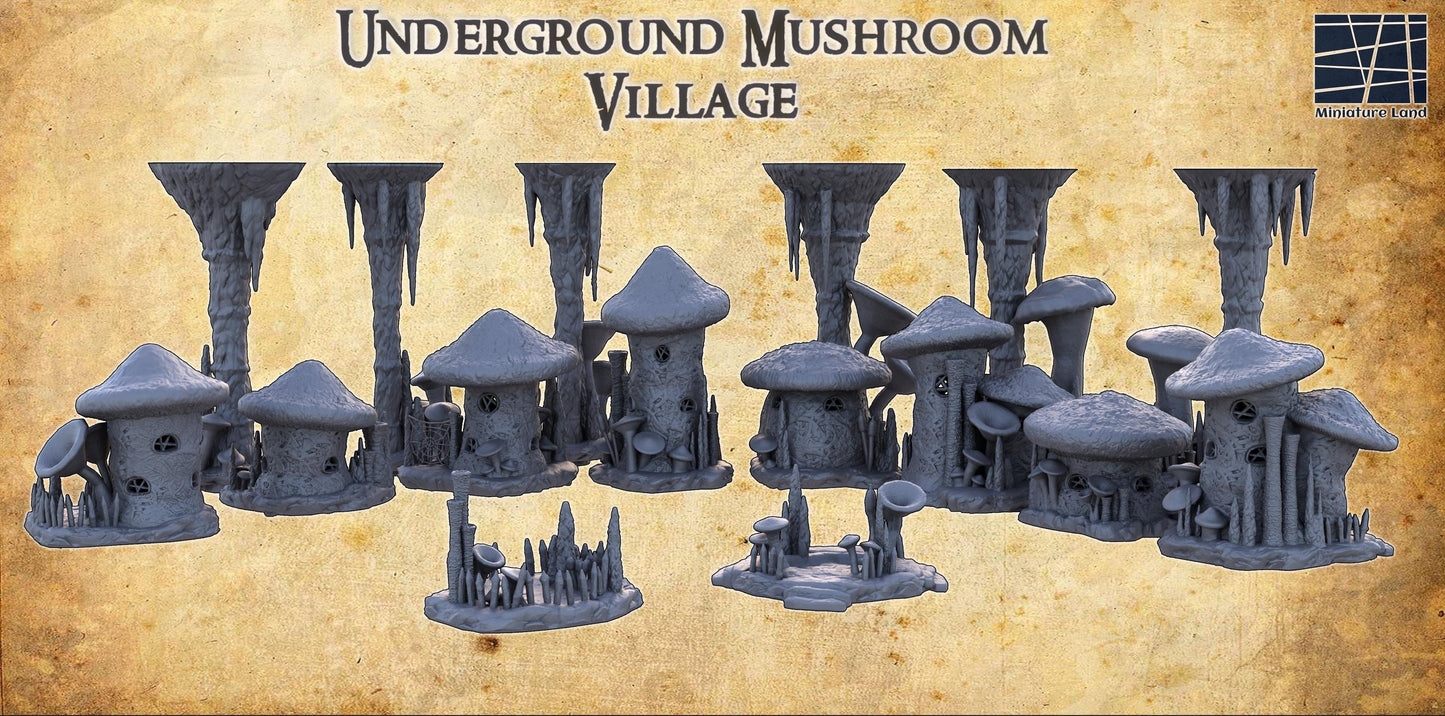 Explore a miniature world with the Underground Mushroom Village, featuring various mushroom houses and organic structures, perfect for fantasy RPGs and magical dioramas.