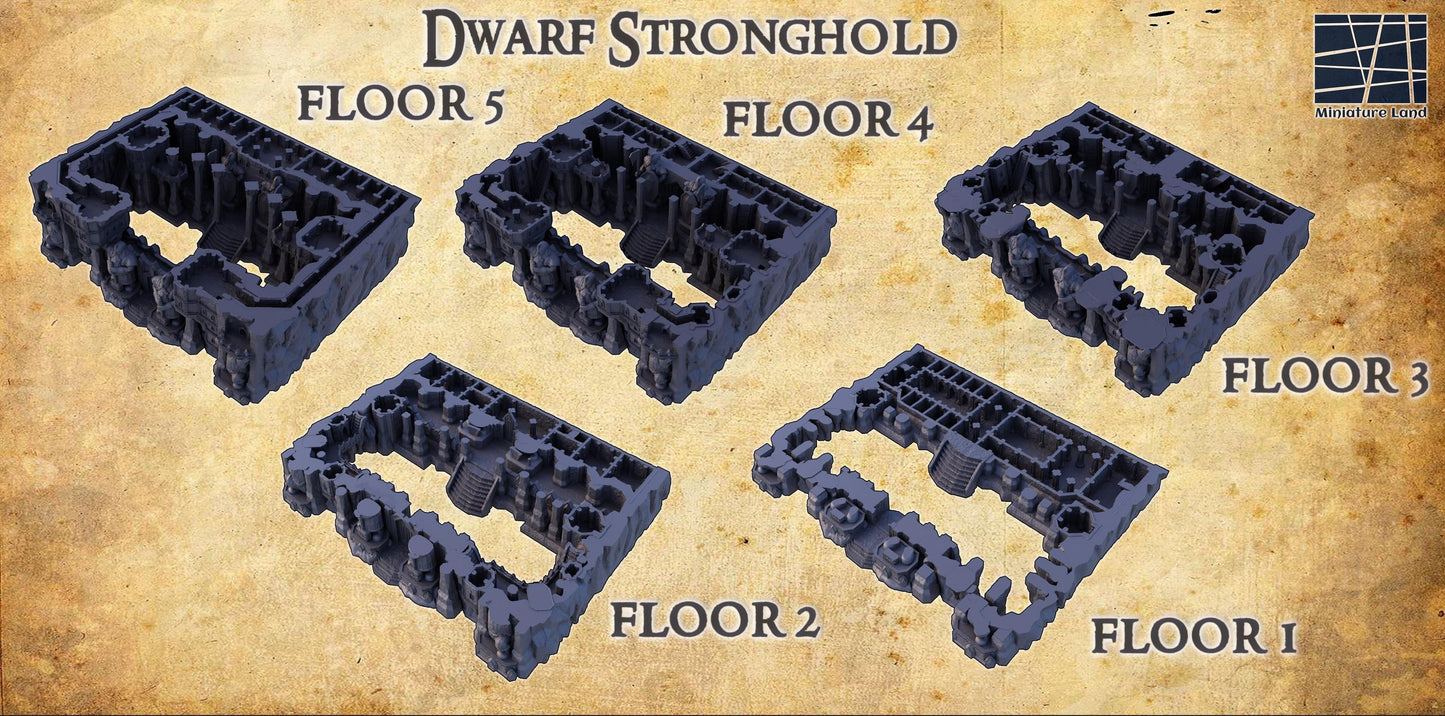 Explore the Dwarf Stronghold, a five-level fortress model with exquisite detail, perfect for enhancing tabletop RPGs and wargames.