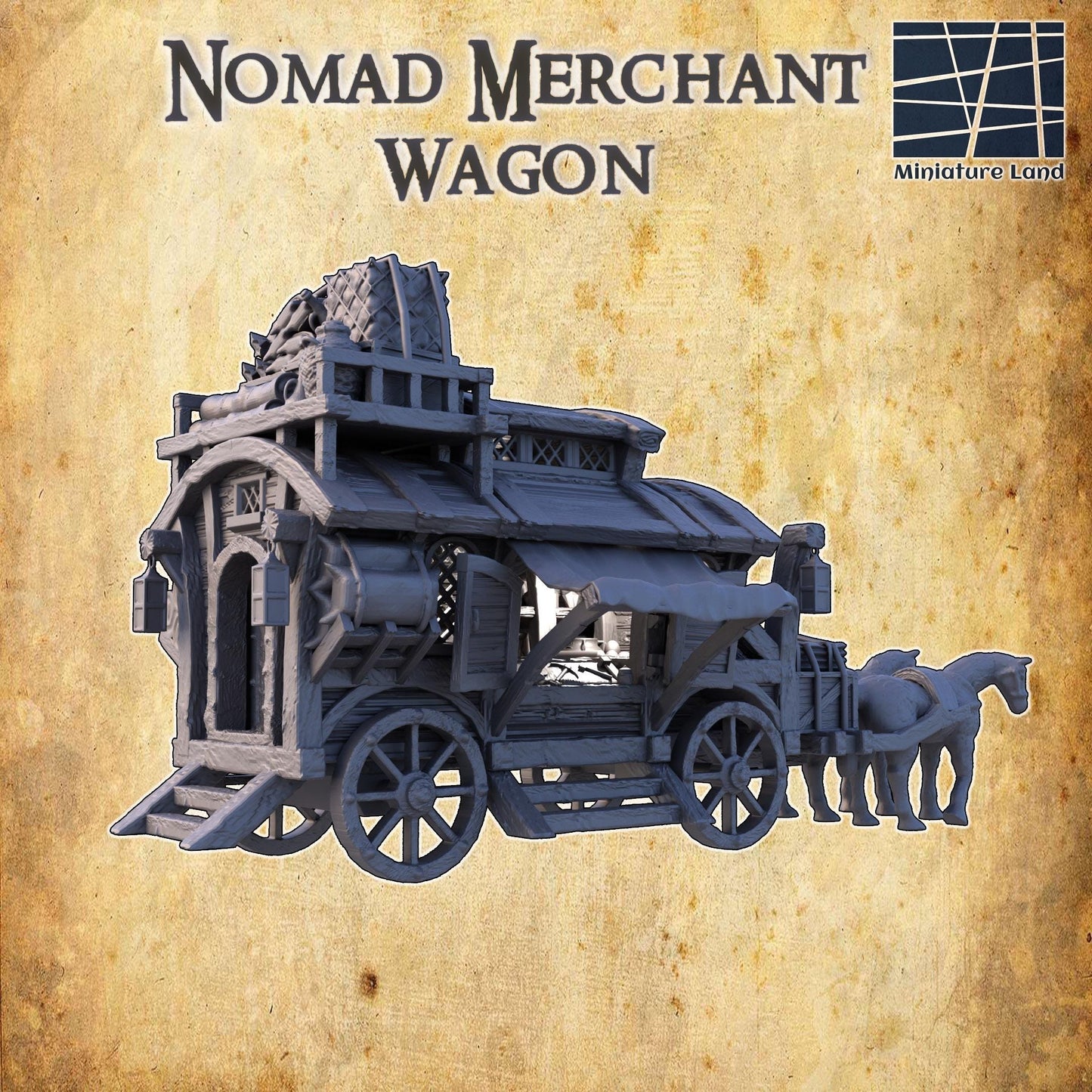 Detailed model of a medieval nomad merchant wagon with various compartments and realistic textures, ideal for fantasy role-playing games and dioramas.