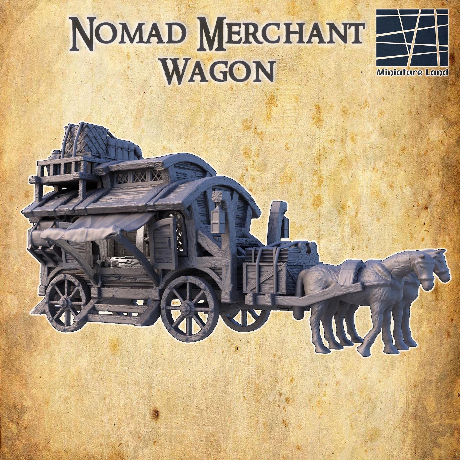 Detailed model of a medieval nomad merchant wagon with various compartments and realistic textures, ideal for fantasy role-playing games and dioramas.