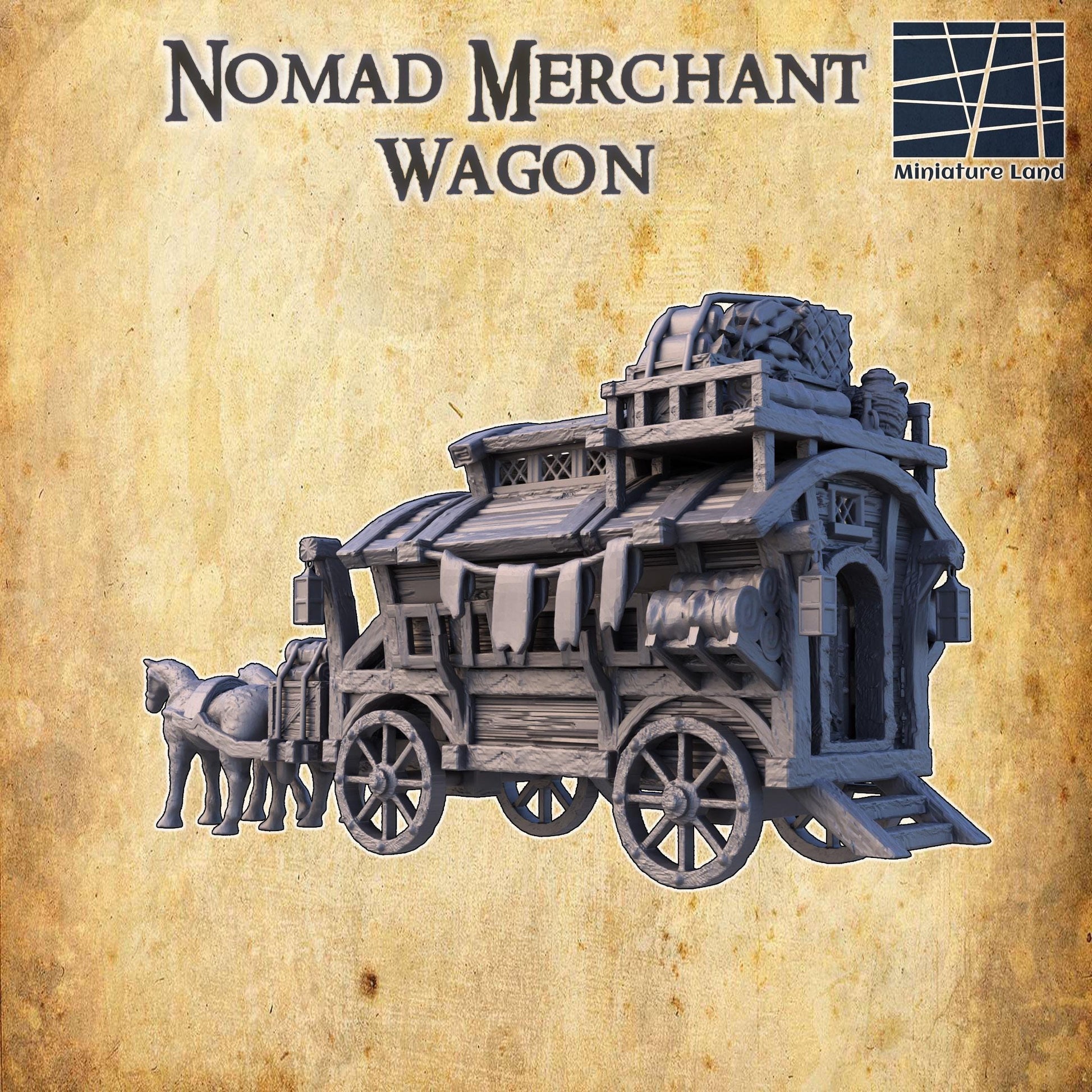 Detailed model of a medieval nomad merchant wagon with various compartments and realistic textures, ideal for fantasy role-playing games and dioramas.