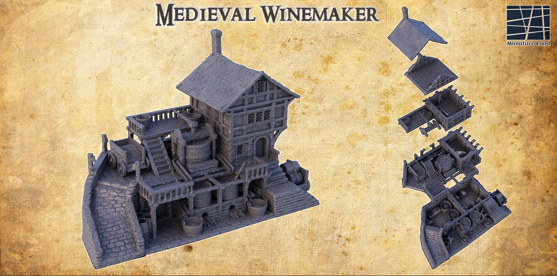 This detailed Medieval Winemaker model features a multi-level structure with barrels, grape presses, and a cart, perfect for any fantasy or historical tabletop game.