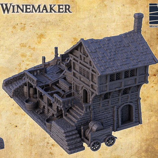 This detailed Medieval Winemaker model features a multi-level structure with barrels, grape presses, and a cart, perfect for any fantasy or historical tabletop game.