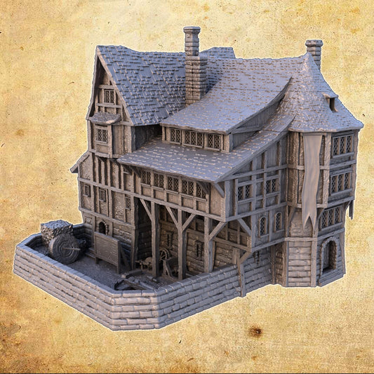 Text: Detailed 3D printed model of a medieval Engineer&#39;s Guild House with five floors, each intricately designed with medieval-era workshops, perfect for historical and fantasy tabletop games.