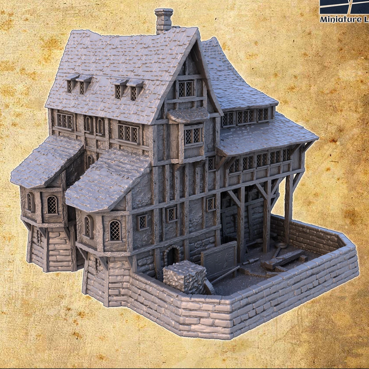 Text: Detailed 3D printed model of a medieval Engineer&#39;s Guild House with five floors, each intricately designed with medieval-era workshops, perfect for historical and fantasy tabletop games.