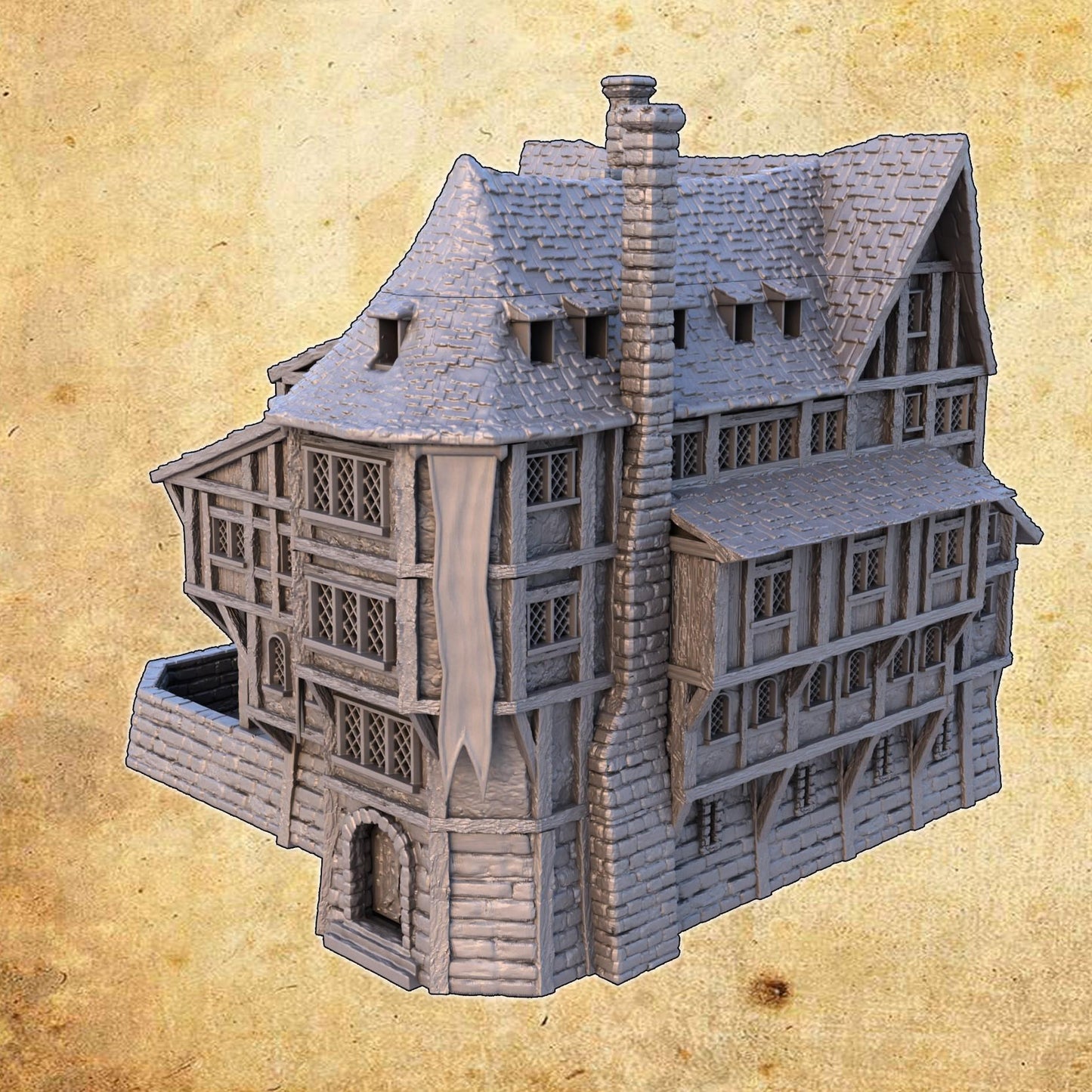 Text: Detailed 3D printed model of a medieval Engineer&#39;s Guild House with five floors, each intricately designed with medieval-era workshops, perfect for historical and fantasy tabletop games.